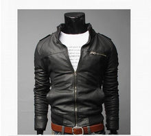 Load image into Gallery viewer, 2019 New Fashion Autumn Male Leather Jacket Plus Size 3XL Black Brown Mens Stand Collar PU Coats Leather Biker Jackets