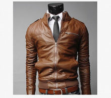 Load image into Gallery viewer, 2019 New Fashion Autumn Male Leather Jacket Plus Size 3XL Black Brown Mens Stand Collar PU Coats Leather Biker Jackets
