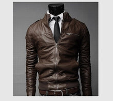 Load image into Gallery viewer, 2019 New Fashion Autumn Male Leather Jacket Plus Size 3XL Black Brown Mens Stand Collar PU Coats Leather Biker Jackets
